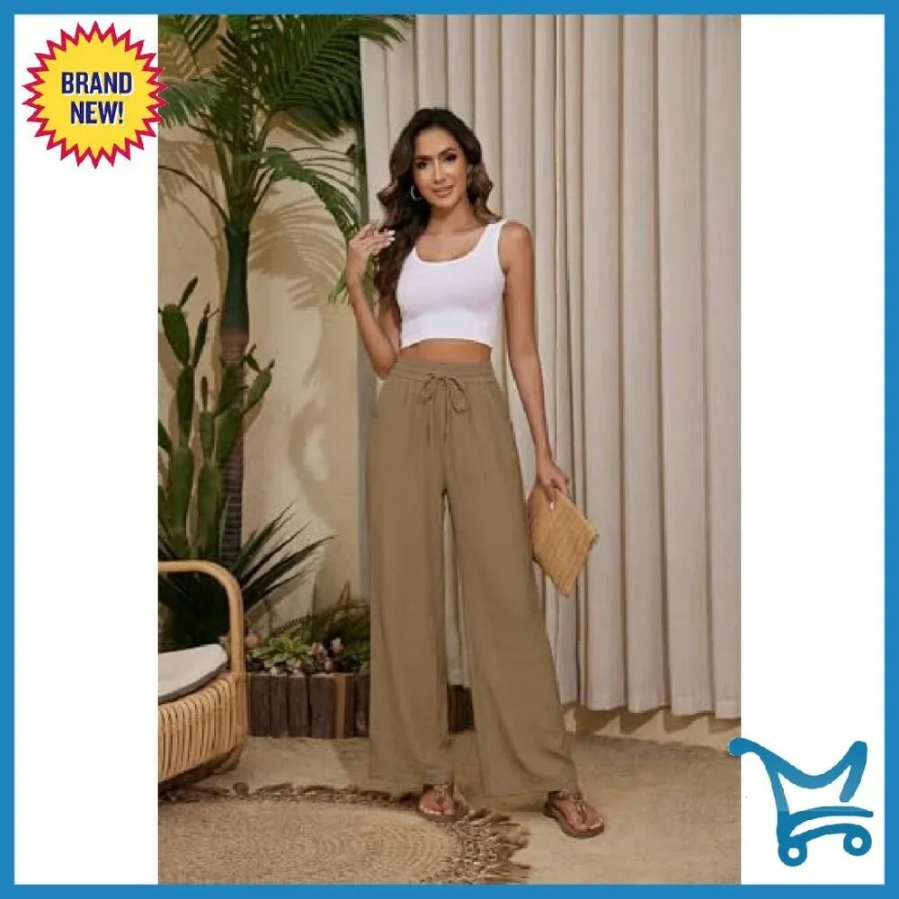 Flowy Wide Leg Palazzo Pants Drawstring Waist Loose Fit with Pockets